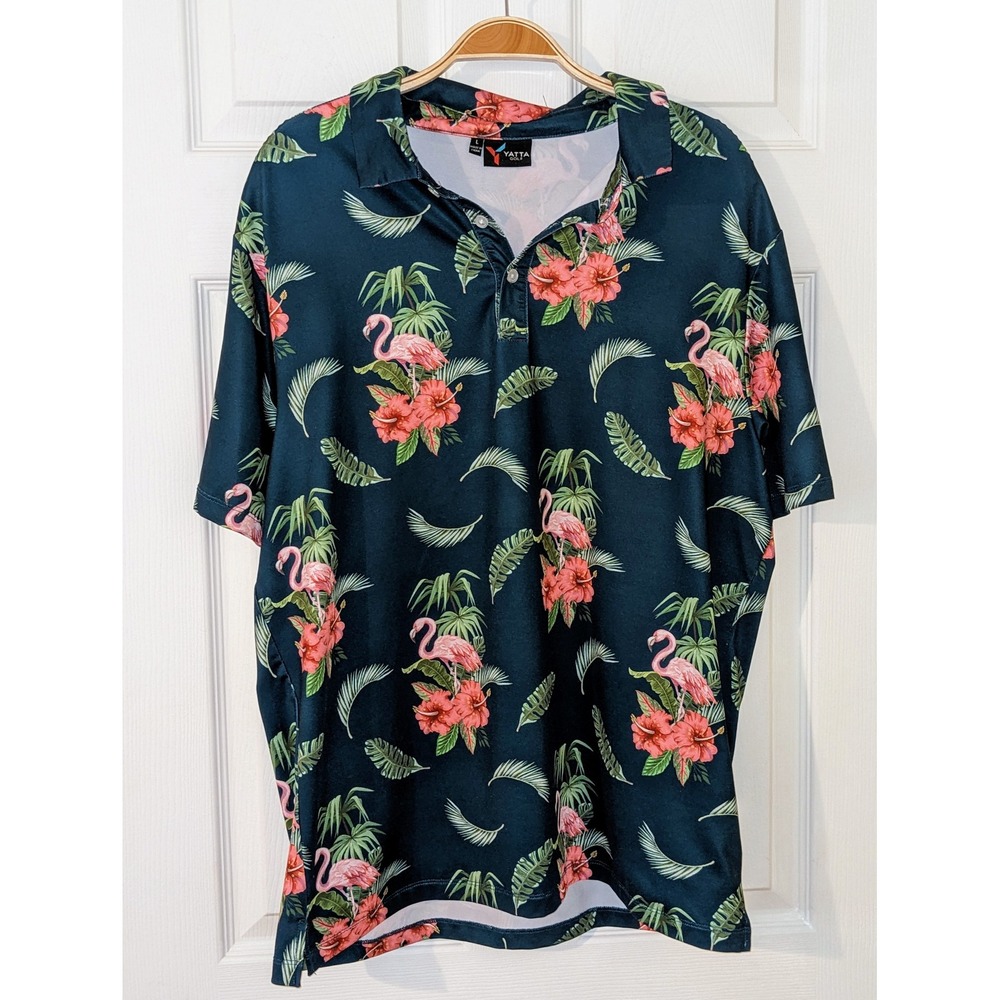 Yatta Golf Polo Shirt Flamingo Floral Print Golfing Casual Size L NWOT